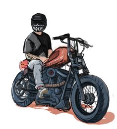 a drawing of a man riding on the back of a motorcycle with a helmet on