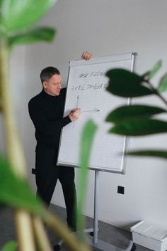 a man standing next to a white board with writing on it and holding a pen in his right hand