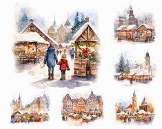 watercolor paintings of people walking around in the snow with christmas decorations and buildings behind them