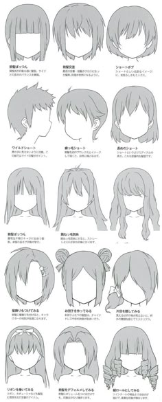 an anime character's hair chart with different hairstyles and head length options