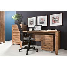 an office desk with two drawers and a chair