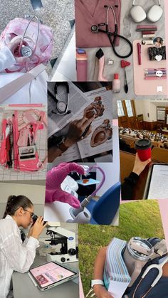 a collage of photos with various items on it including scissors, eyeglasses and other things