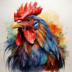 a painting of a rooster with watercolor splashes on it's face and head