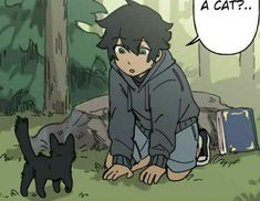 a person kneeling down next to a black cat in the grass with a speech bubble above them