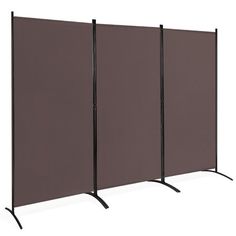 three partitions with black metal legs and brown fabric panels on each side, one is closed