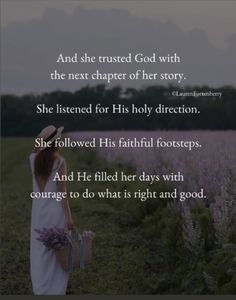 a woman walking through a field with flowers in her hand and the words she raised god with