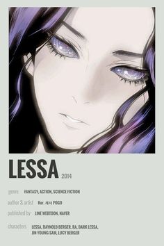 the poster for lessa is shown with purple hair and blue eyes, while an image of