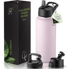 a pink insulated water bottle next to a black box and green leaf sticker