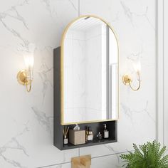 a bathroom vanity with a mirror and lights on the wall next to a potted plant