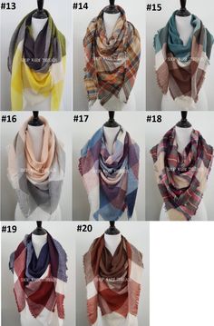 "A perfect and trendy fall/winter accessory. These scarves are super soft and available in 2 different styles/size and available in many different colors to match any outfit. Can be styled in variety of ways to your liking. Also great for gift giving. TRIANGLE STYLE: approx 75\" x 55\" SQUARE STYLE: approx 55\" x 55\" Care: mild soap, cold water, hang dry 15% DISCOUNT Spend $30 and get 15% discount off your purchase. Enter coupon code SWTSALE15D during checkout to receive a 15% discount off your Blanket Scarf Plaid, Blue Plaid Blanket, Plaid Wedding, Winter Bridesmaids, Tartan Plaid Scarf, Monogrammed Scarf, Bridesmaid Shawl, Plaid Shawl, Oversized Blanket