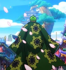 an anime character in green and yellow clothing standing on top of a hill with lots of pink flowers