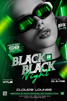 black on black night flyer template with woman in sunglasses and neon green lights behind her