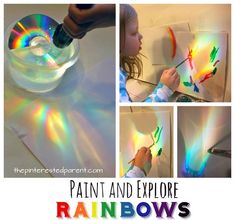 a child is painting with rainbows in the background and text that reads, paint and explore rainbows