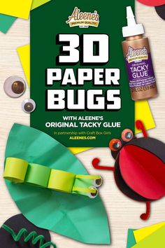 the book cover for 30 paper bugs with glue and crafting supplies on wooden table