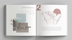 an open book showing the layout of a building with red and white graphics on it