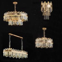 four different chandeliers hanging from the ceiling in various shapes and sizes, all with clear crystal beads