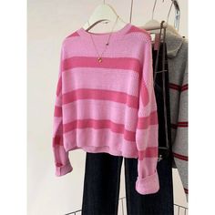 Olivia Mark - Pink Hollow Striped Knitwear: Lightweight Short Inner Sweater Top Casual Pink Chunky Knit Top, Casual Pink Knitted Sweater, Casual Striped Acrylic Sweater, Casual Pink Acrylic Tops, Pink Ribbed Cotton Sweater, Pink Ribbed Casual Sweater, Casual Pink Ribbed Sweater, Striped Knitwear, Lightweight Shorts