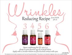 Wrinkles Reducing Recipe: 3 drops Lavender, 4 drops Geranium, 5 drops Sandalwood, 6 drops Frankincense. Upon combining the EO, mix 3-4 drops with your favorite veg oil or facial lotion. Oils For Wrinkles, Essential Oil Remedy, Young Living Essential Oils Recipes, Yl Oils, Oil Remedies, Yl Essential Oils, Living Essentials Oils