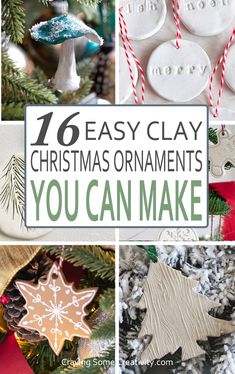 Collage of clay Christmas ornaments with snowflakes, trees, and mushrooms. Make Clay Christmas Ornaments, Small Clay Christmas Ornaments, Minimalist Christmas Ornaments Diy, How To Make Ceramic Ornaments Diy, Tree Ornaments Dyi, Salt Dough Christmas Gifts, Diy Crafts Holiday, Plaster Of Paris Christmas Ornaments, Baked Clay Ornaments Diy