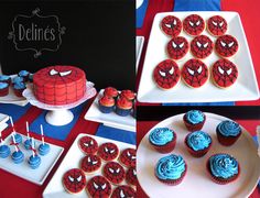 spiderman themed cupcakes and desserts are on display