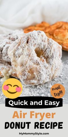 an air fryer donut with powdered sugar on top and the words quick and easy