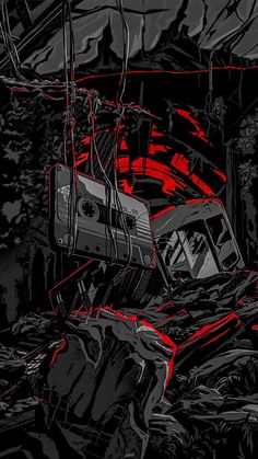 a red and black drawing of a train wreck in the woods with trees around it