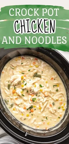 crock pot chicken and noodle soup in an electric pressure cooker with text overlay