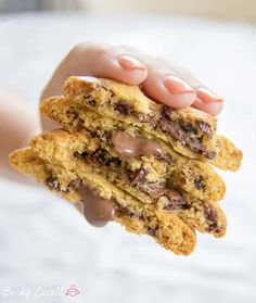 a person holding some food in their hand and it looks like they have chocolate chips on them