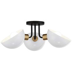 three light ceiling fixture with white glass shades and gold accents on the bottom half of it