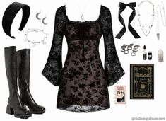 The Love Witch Inspired Outfits, Black Witch Outfit Aesthetic, Witch Inspired Outfit, Whimsy Goth Outfit, Tvd Outfits, Styl Goth, Witchy Clothes, Witchy Outfits, Dark Outfits