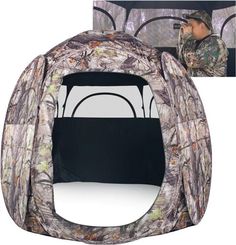 a camouflage tent with the door open to show it's interior and side walls