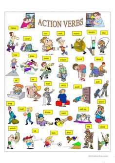 the action verbs worksheet is shown with pictures and words in english language