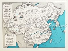 an old map of china in blue and white