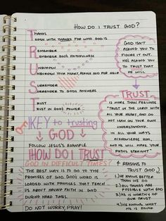 a notebook with writing on it that says how do i trust god?