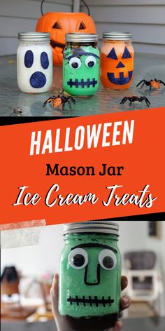 mason jar ice cream treats decorated with halloween faces