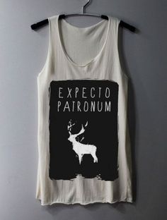 a white tank top with an image of a deer and the words expect patronum on it