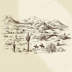 an ink drawing of a desert scene with cactus trees and mountains in the background stock photo