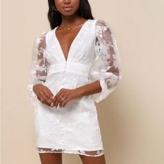 Lulu’s Dramatic Energy White Floral Burnout Balloon Sleeve Mini Dress. Never Worn, New With Tags. Size Medium. Corset Lace Dress, Lulus White Dress, Black Ribbed Dress, Cream Maxi Dress, White Wrap Dress, Asymmetrical Hem Dress, Lulus Dresses, Balloon Sleeve Dress, Midi Shift Dress