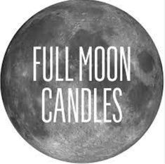 the full moon candles logo is shown in white on a gray background with black and white lettering