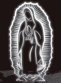 an image of the virgin mary in neon light on a black background with white dots