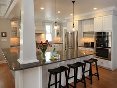 a kitchen with an island and three stools