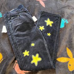 Dript Denim Black Star Pants Size 30, Longer Rise Slim Thigh,Slight Taper Straight Dript!! New With Tags ! Black Star Print Bottoms For Streetwear, Star Print Clothes, Trendy Black Pants With Star Print, Black Straight Leg Pants With Star Print, Trendy Black Star Print Pants, Straight Leg Star Print Bottoms For Streetwear, Trendy Yellow Jeans For Streetwear, Yellow Denim Bottoms For Streetwear, Yellow Straight Leg Jeans For Streetwear