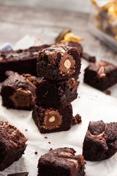 chocolate brownies stacked on top of each other