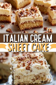 a collage of different types of desserts with the words italian cream sheet cake