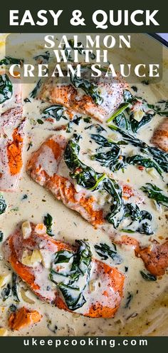 salmon and cream sauce in a skillet with the words easy & quick salmon and cream sauce