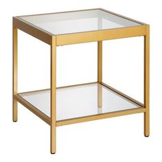 a gold metal and glass side table with one shelf on the bottom, two shelves below