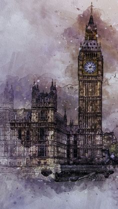 the big ben clock tower towering over the city of london in watercolor and ink