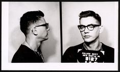 two black and white photos of men in mugshots, one is wearing glasses