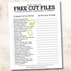 a printable list with the words free cut files to use without spending a penny