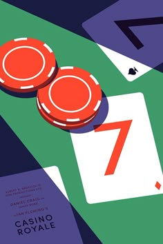 two red poker chips sitting next to each other on top of a green and purple table